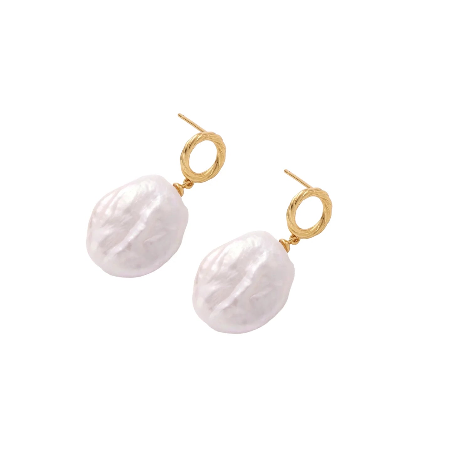 18K gold vermeil twisted circle studs with organic white baroque pearl drops on cream background