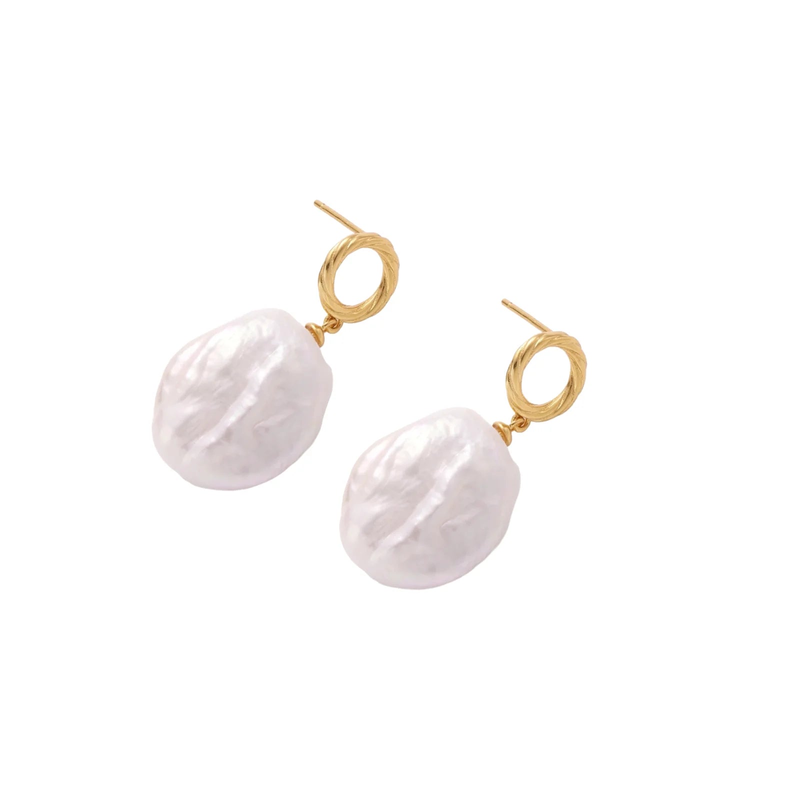 18K gold vermeil twisted circle studs with organic white baroque pearl drops on cream background
