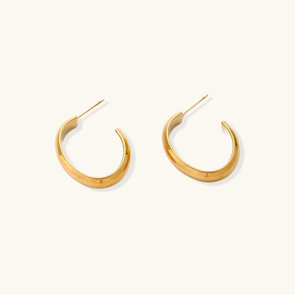 Chunky brushed gold hoop earrings in 14K plated stainless steel on cream background, front and side view.